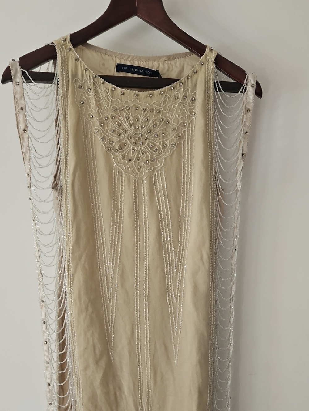 Of Two Minds Cream Beaded Slip Dress with Chain Fringe